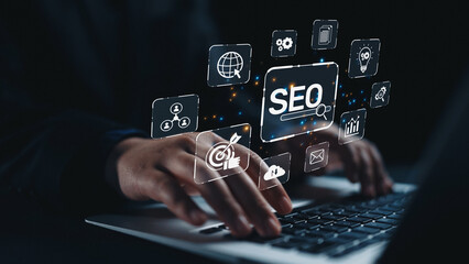 SEO concept for improving SEO visibility, with SEO related digital tools and SEO performance icons...