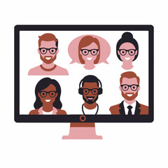 Virtual Meeting Illustration-Diverse Team Collaboration-Online Conference Call-Digital Communication-Remote Work-Video Chat with Coworkers