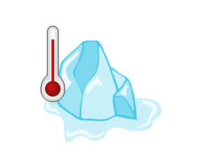 Thermometer showing high temperature and melting glacier due to global warming