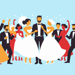 Wedding Celebration Illustration- Modern Wedding Party with Brides and Grooms- Joyful Guests Celebrating a Special Occasion- Festive Wedding Scene