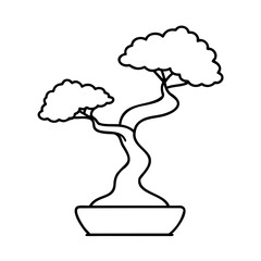 Outline a bonsai tree with two cloud-shaped foliage sections in a pot on plant graphic