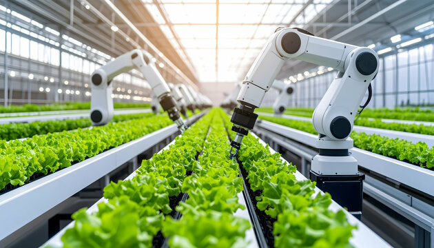 White Robotic Arms Tending Green Plants in a Modern Hydroponic Indoor Farm with Bright Natural Light