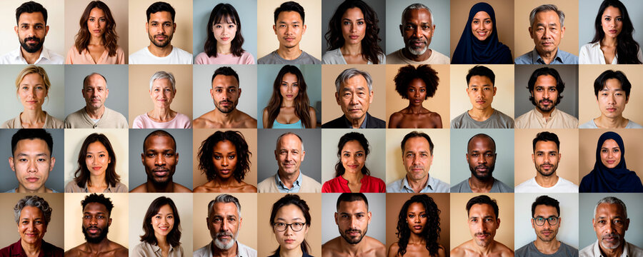 Diverse expressions of humanity captured in a harmonious collage of faces showcasing unity and individuality from various cultures