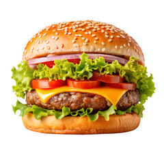 Juicy Cheeseburger:  Gourmet Sesame Bun, Melted Cheese, Fresh Lettuce, Tomato, Red Onion, Studio Shot, Appetizing Food Photography.