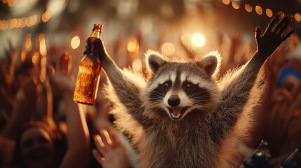 Funny raccoon with bottle of beer dancing in with crowd of people in a night club or at concert