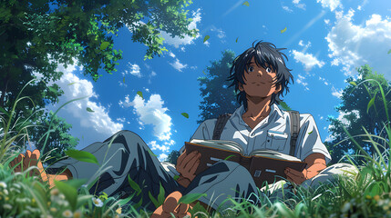 A young boy in a school uniform holds a book with focus, while another student appears in the background, capturing a moment of dedication and academic life.

