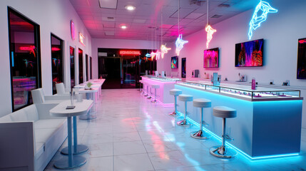 Futuristic interior of a coffee shop, hospitality venue which sells marijuana