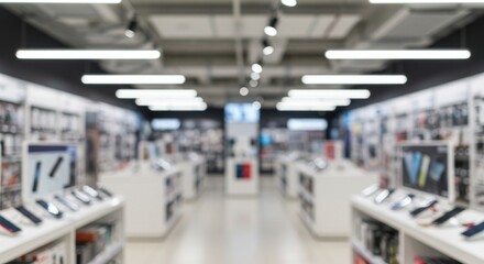 Fototapeta premium Blurred Retail Store Interior with Displays of Electronics and Modern Lighting Fixtures