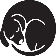 Sleeping dog curled up vector illustration black and white pet animal domestic canine puppy rest dream 100