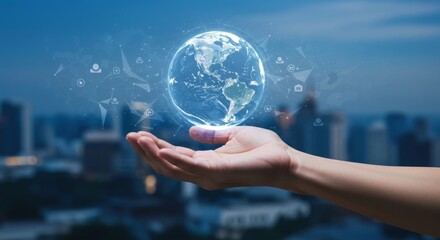 Hand Holding Illuminated Globe with Data Network Overlay, Representing Global Connectivity and Digital World.