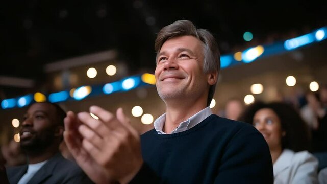 Excited audience member cheering at a performance in a sports arena