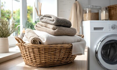 Cozy Wicker Basket Filled with Neatly Folded Sweaters in a Bright Laundry Room