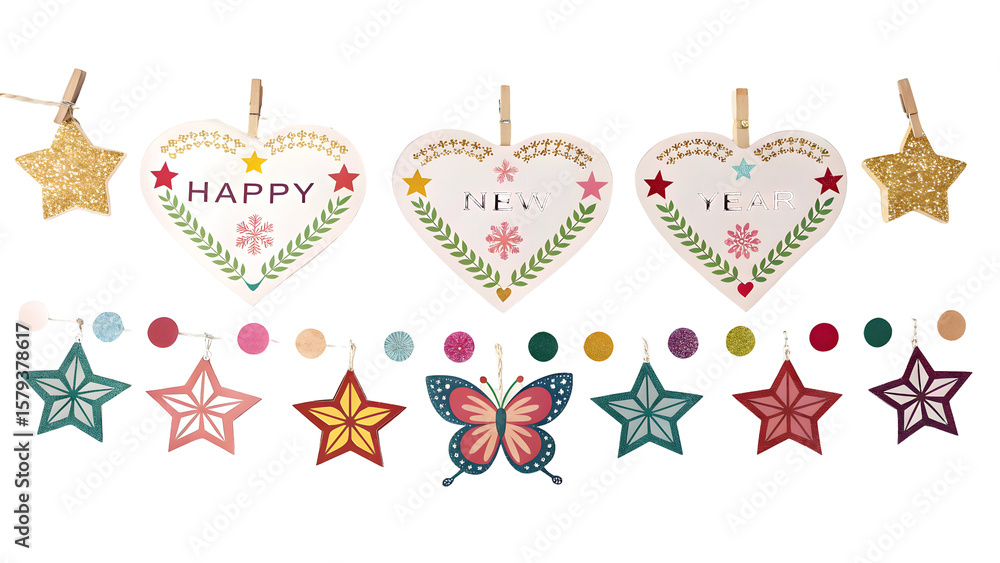 Poster three heart shapes with text and star shapes hanging on string isolated on a transparent background