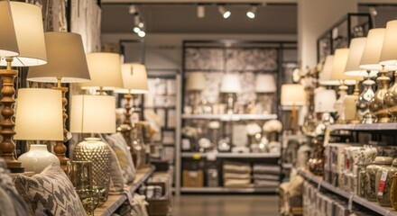 Fototapeta premium Interior shot of a home decor store with lamps, pillows, and decorative items on display.