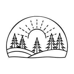 A landscape with pine trees a sun inside an arch shape nature forest