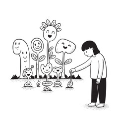 Girl Watering Hope Plants Doodle Illustration