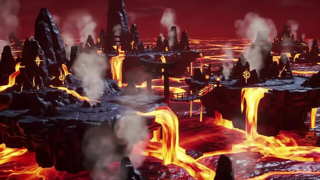 Lava flows around rock islands with pagodas connected by bridges in a hellscape environment