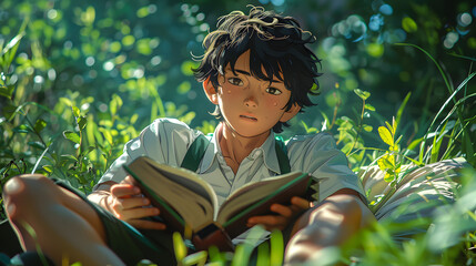 A young boy in a school uniform holds a book with focus, while another student appears in the background, capturing a moment of dedication and academic life.

