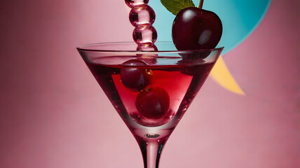 Glass of Cosmopolitan cocktail with cherries on colorful background
