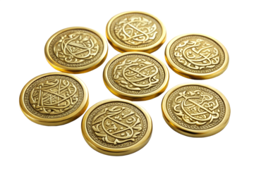 Seven Gold Coins with Intricate Arabic Calligraphy; Luxurious, Elegant, and Ornate Design.