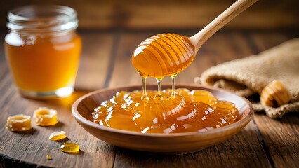 Golden honey pours from a wooden dipper into a glass jar, showcasing its rich texture.