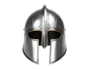 Front view of ancient iron spartan helmet isolated on white studio background. Medieval armor, archeological souvenir from past times, metal tough head protective clothes.
