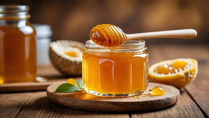 Golden honey pours from a wooden dipper into a glass jar, showcasing its rich texture.