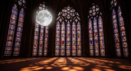 Interior view of a cathedral with stained glass windows and a full moon visible through the windows
