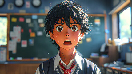 A young boy in a tidy school uniform confidently stands before a classroom blackboard, ready to learn, teach, or share knowledge in a focused educational environment.


