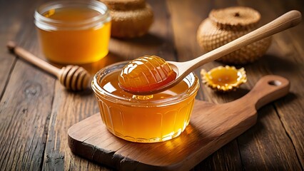 Golden honey pours from a wooden dipper into a glass jar, showcasing its rich texture.