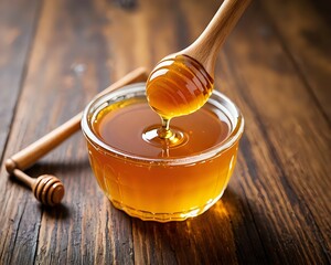 Golden honey pours from a wooden dipper into a glass jar, showcasing its rich texture.
