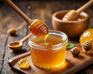 Golden honey pours from a wooden dipper into a glass jar, showcasing its rich texture.