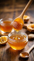 Golden honey pours from a wooden dipper into a glass jar, showcasing its rich texture.