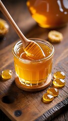 Golden honey pours from a wooden dipper into a glass jar, showcasing its rich texture.