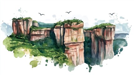 Chapada dos Veadeiros National Park. Chapada dos Veadeiros National Park hand drawn watercolor illustration