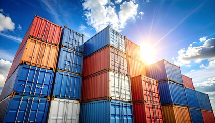 Fototapeta premium Colorful Shipping Containers Stacked High Under Bright Blue Sky with Glowing Sun