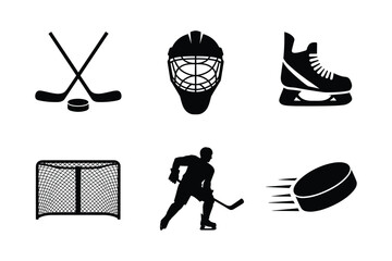 Hockey equipment and player silhouette ice hockey puck