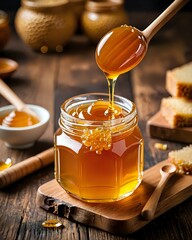 Golden honey pours from a wooden dipper into a glass jar, showcasing its rich texture.