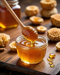 Golden honey pours from a wooden dipper into a glass jar, showcasing its rich texture.