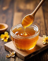 Golden honey pours from a wooden dipper into a glass jar, showcasing its rich texture.