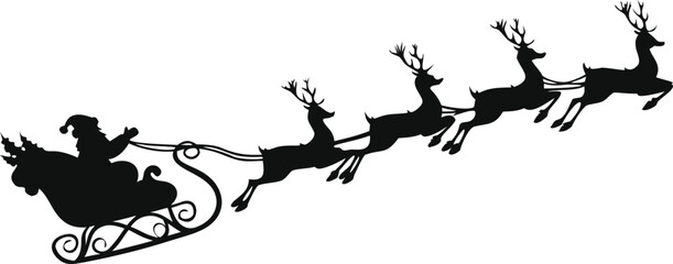 Santa in reindeer sled vector silhouette on transparent background