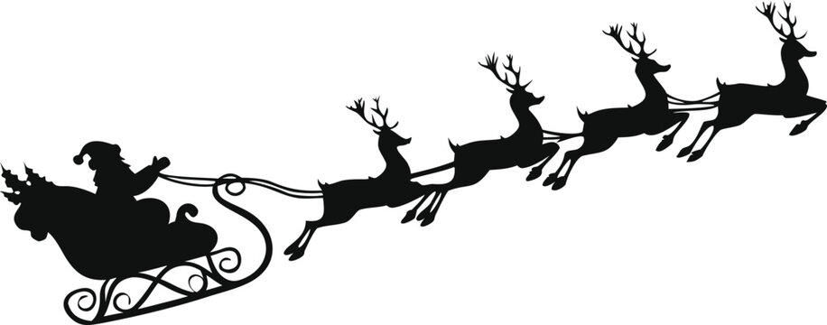 Santa in reindeer sled vector silhouette on transparent background