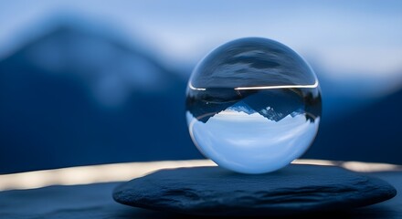 Crystal ball reflecting inverted mountain landscape on a dark stone with blurred blue background