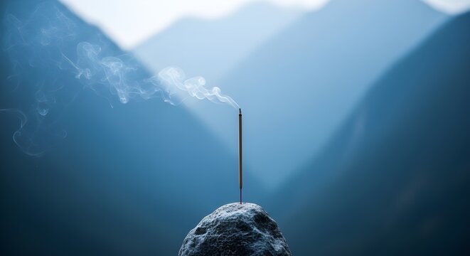 Incense stick burning on a rock with smoke rising against a misty mountain landscape - Powered by Adobe
