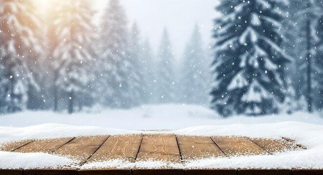 Empty wooden table covered in snow with a soft focus winter forest background during snowfall - Powered by Adobe