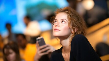 Young woman taking photo in classroom with graph displayed - Powered by Adobe