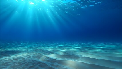 Sunlight streams through clear blue ocean water onto rippling sandy seabed below