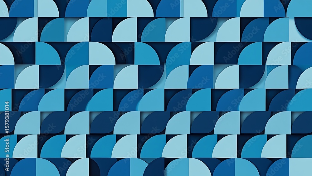 Poster geometric blue: a textured mosaic of circles and squares, retro blue tile pattern with squares and q