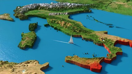 A 3D, colorfully rendered geographical map of mountainous land - Powered by Adobe