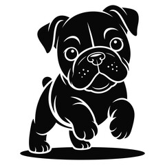 Fototapeta premium Silhouette vector of cute bulldog puppy with oversized head and round body in playful pose, isolated black and white